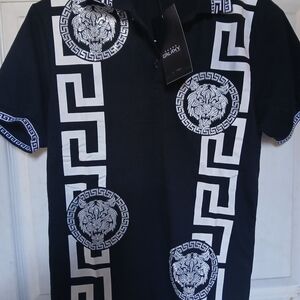 Galaxy By Harvic Black and White Patterned GREEK bling Men's Polo Shirt